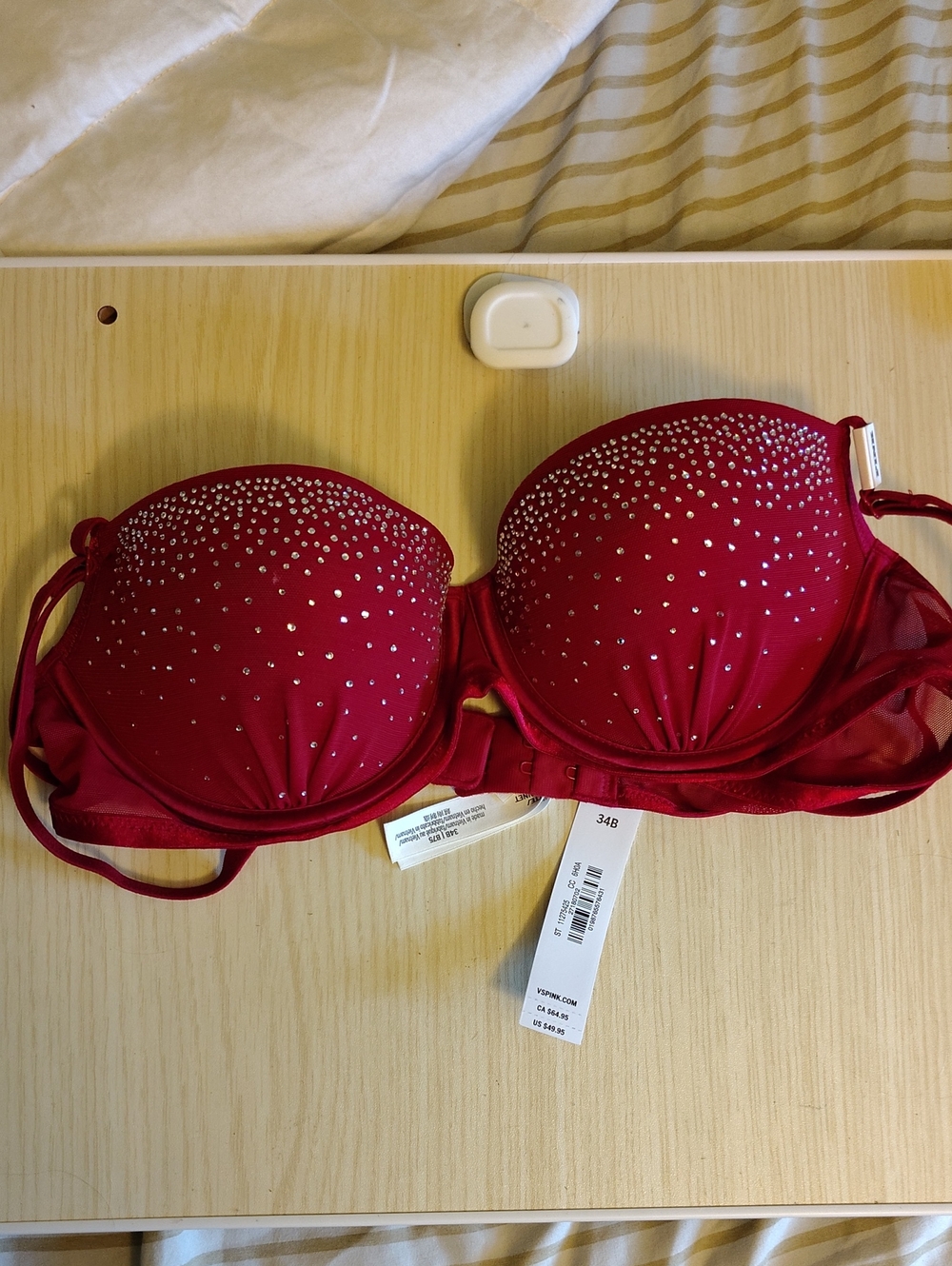 NWT VS PINK Women's Red Crystal Embellished Strapless Bra 34B Victoria's secret